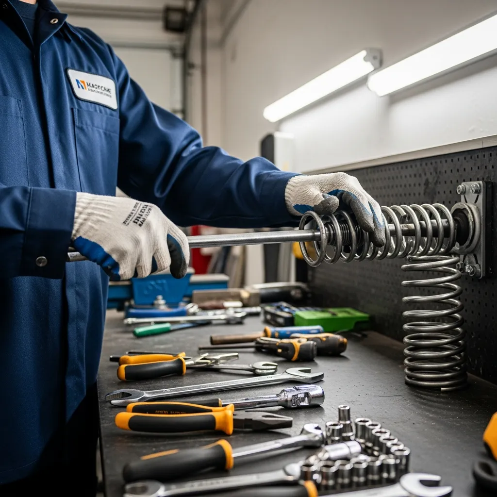 Garage door technician repairing spring in Southern Utah home